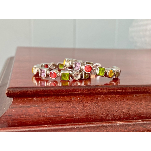 Pretty Glass Gemstone Silvertone Hoop Earrings Multicolor - Picture 2 of 5